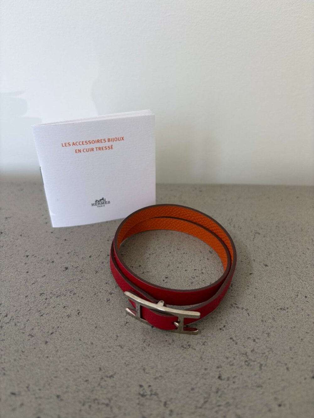 Authentic Hermès Behapi Double Tour Bracelet Red Orange Reversible T2 Box Pouch